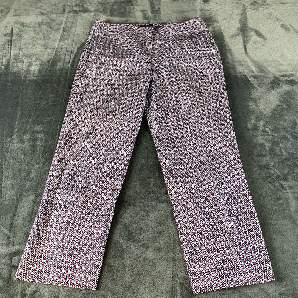 Jones & Co Geometric Print Pants‎ Womens 10 Pink & Navy Straight Leg Crop Retro